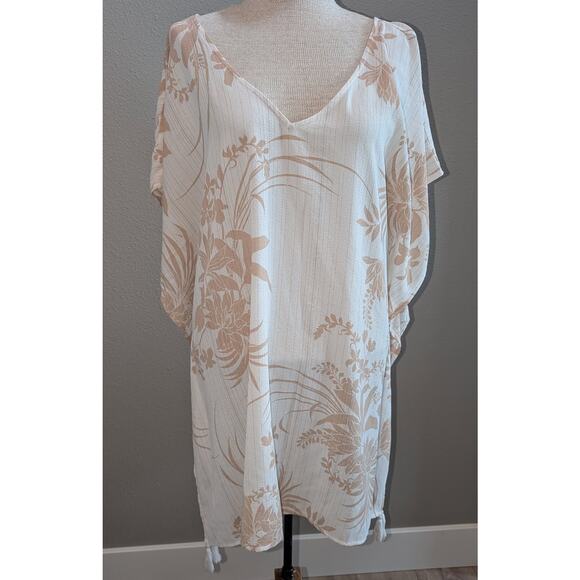 Womens Kona Sol Metallic Floral Boho Oversized Open Back Swim Cover Tan Beige L - Picture 1 of 4